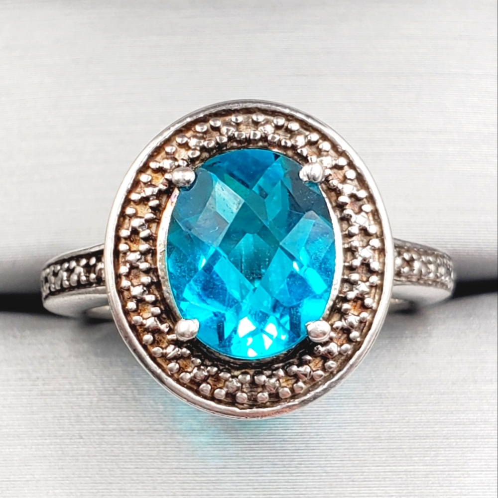 Genuine Blue / Green Checkerboard Cut Zircon 925 Sterling Silver Halo Ring